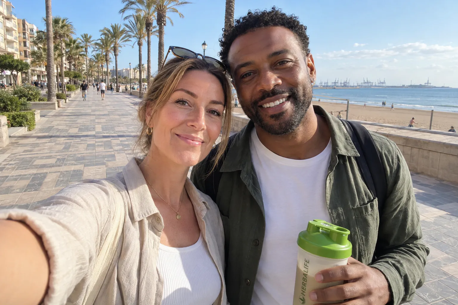 Couple smiling together on a sunny seaside promenade
