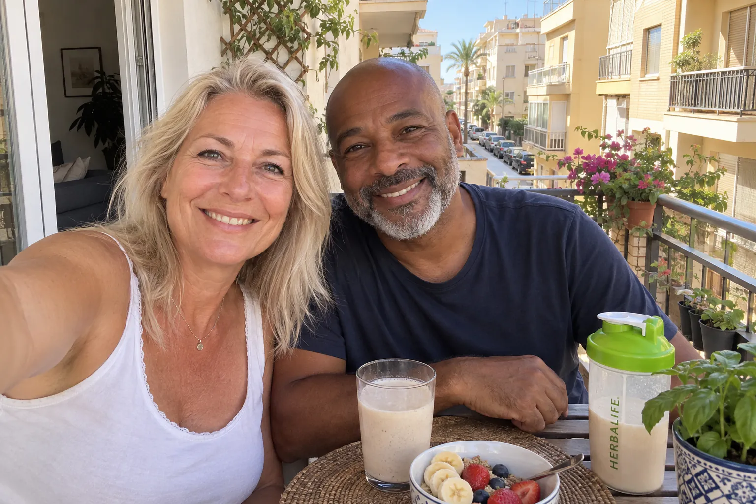Couple smiling over breakfast on a sunny balcony