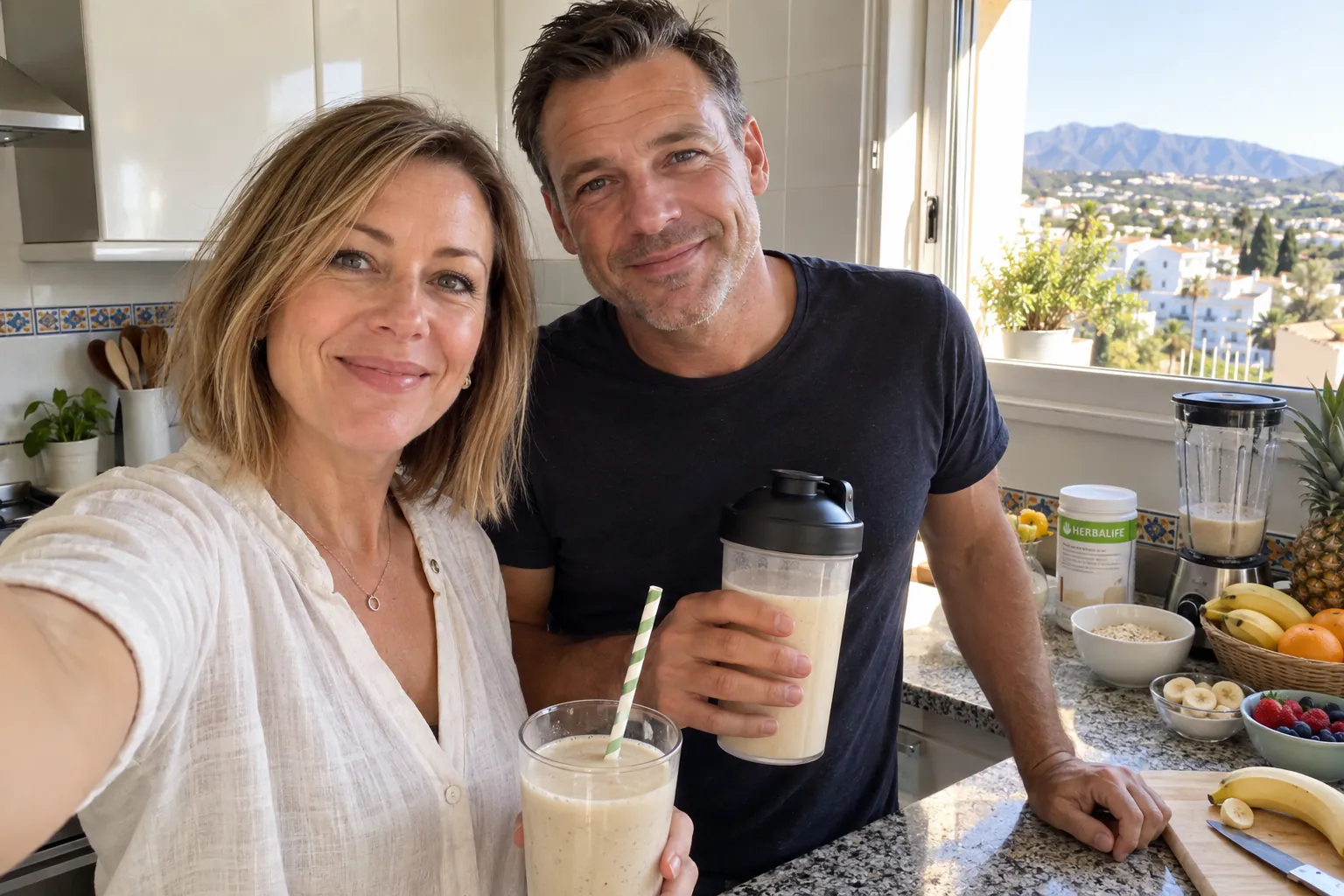 Couple smiling with shakes in a bright kitchen