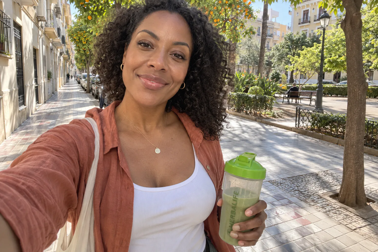 Smiling woman holding a green shake on a sunny street