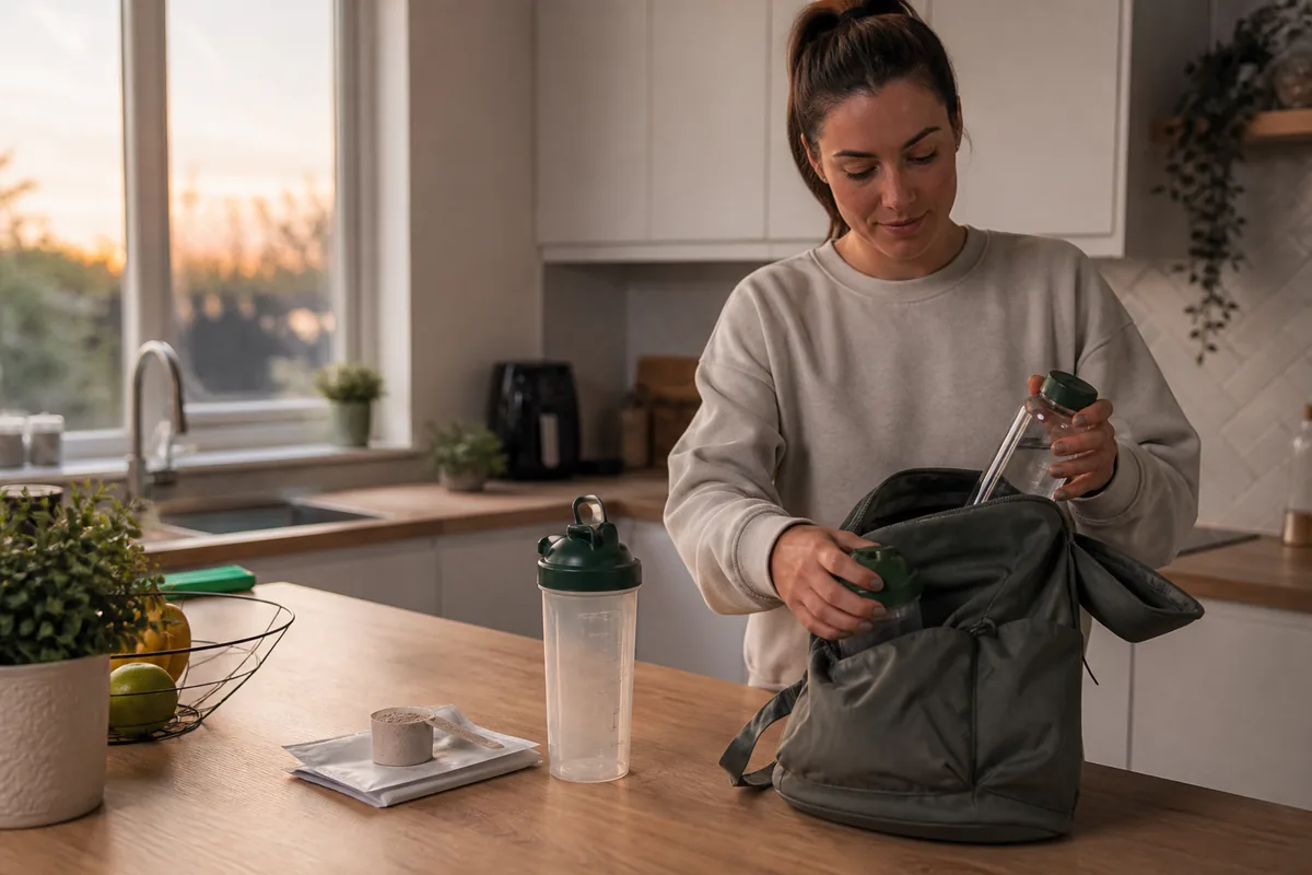 Evening kitchen counter with a shaker bottle, portioned shake-mix sachets and a bag packed for the next morning
